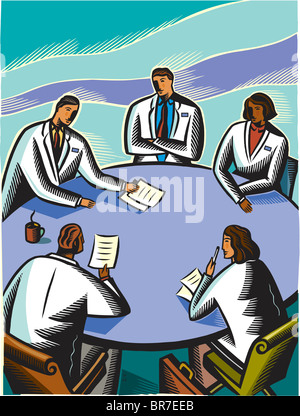 I medici aventi un incontro ad un tavolo della sala consiliare Foto Stock