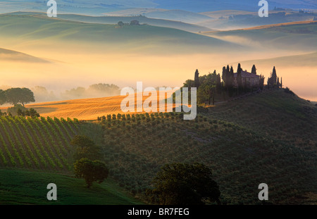Villa su un colle di val d'Orcia, una regione della Toscana in Italia centrale, all'alba Foto Stock