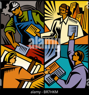 Una illustrazione della comunicazione tra i dipendenti in vari reparti Foto Stock