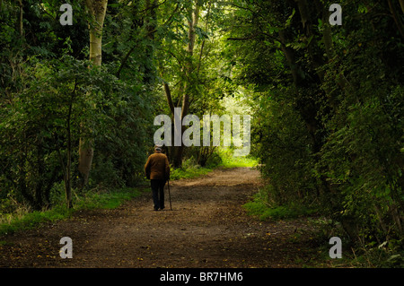 Un uomo solitario a piedi in distanza lungo un percorso (una in disuso la linea ferroviaria) in Inghilterra. Foto Stock