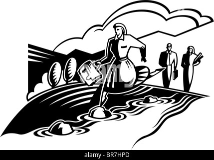 Una donna che saltava sulle pietre attraverso un ruscello Foto Stock