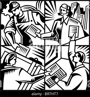 Una illustrazione della comunicazione tra i dipendenti in vari reparti Foto Stock