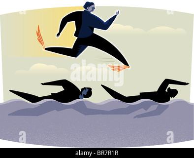 Illustrazione di un uomo che corre attraverso l'aria con fiamme ai suoi piedi, come persone di nuotare al di sotto di Foto Stock