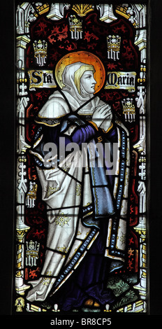 Una finestra di vetro colorato da C E Kempe & Co, raffiguranti la Beata Vergine Maria, Marhamchurch Chiesa, Cornwall Foto Stock