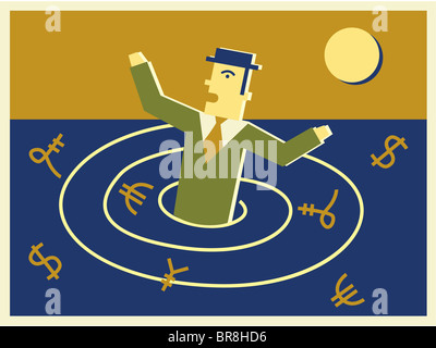 Un uomo che affonda in un mare di denaro simboli Foto Stock