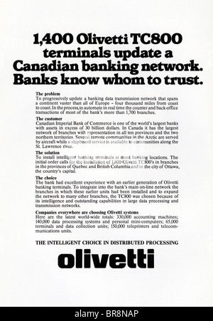 Pubblicità in bianco e nero per la rete bancaria canadese Olivetti circa 1978 su rivista americana Foto Stock