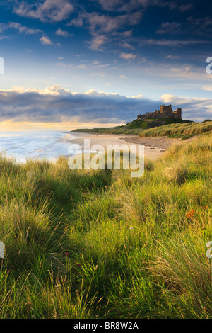 Il castello di Bamburgh all alba del oriente costo di Northumberland, Inghilterra. Foto Stock