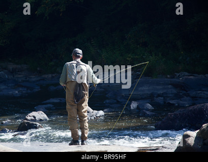 Il pescatore a mosca in un fiume rapido vicino a deglutire cade nel Maryland Foto Stock