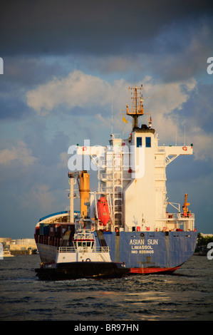 Port Everglades, Florida, Stati Uniti d'America. Traino Seabulk's SDM, St. Johns, assistendo nave portacontainer, Asian Sun nella porta Foto Stock