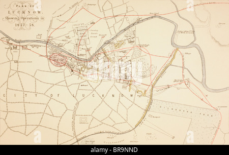 Piano di Lucknow che mostra le operazioni durante l'assedio e ribellione indiana del 1857 - 1858. Foto Stock