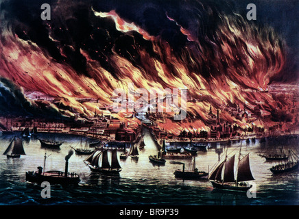 1800s litografia di grande incendio di Chicago 8 OTTOBRE 1871 Waterfront presso il Chicago River e sul lago Michigan Foto Stock