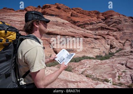 Scalatore maschio con la topografia prenota in Red Rock Canyon National Conservation Area, Nevada, STATI UNITI D'AMERICA Foto Stock