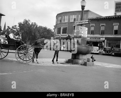 1920s cavallo beve dal trogolo di acqua nel centro di CLAREMONT NEW HAMPSHIRE CON INFORMAZIONI E SEGNO DI DIREZIONE POST Foto Stock