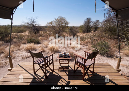 Kalahari Plains Camp, inganno Valley, il Central Kalahari Game Reserve, Botswana, Africa Foto Stock