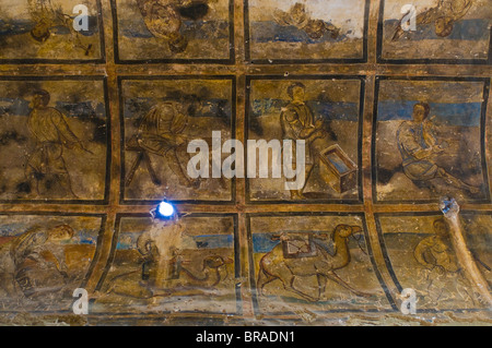 Antichi affreschi in Quseir Amra castello, Sito Patrimonio Mondiale dell'UNESCO, Giordania, Medio Oriente Foto Stock