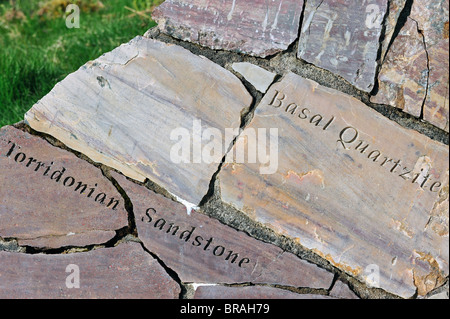 Quarzite basale e Torridonian roccia arenaria, parte del puzzle Knockan a Knockan Crag Riserva Naturale Nazionale, Scotland, Regno Unito Foto Stock