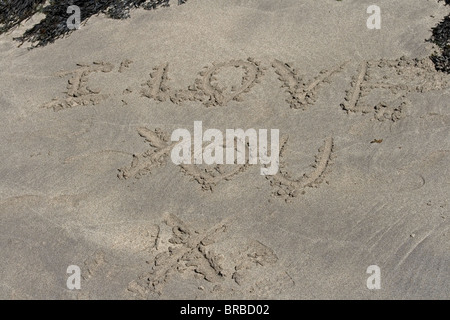 Ti amo scritto di sabbia su una spiaggia. Foto Stock