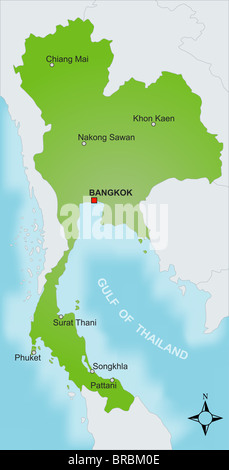 Una mappa stilizzata della Thailandia che mostra diverse città e nei paesi vicini. Foto Stock