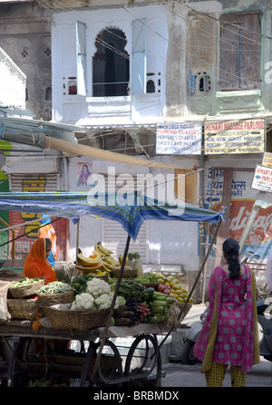 Una donna per la vendita di frutta e verdura in corrispondenza di un supporto nella parte vecchia di Udaipur, Rajasthan, India Foto Stock