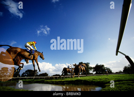 Cavalli prendono un salto in acqua nella gara di siepi Foto Stock