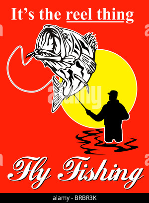 Fly fisherman cattura largemouth bass con bobina a Mosca con la formulazione del testo "è l'aspo cosa' fatto in stile retrò illustrazione Foto Stock