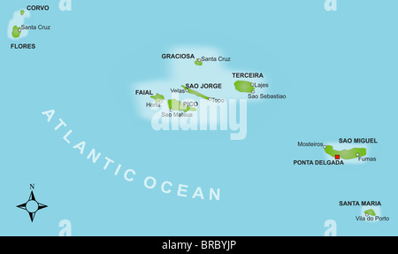 Una mappa stilizzata delle Azzorre che mostra le varie isole e diverse città. Foto Stock