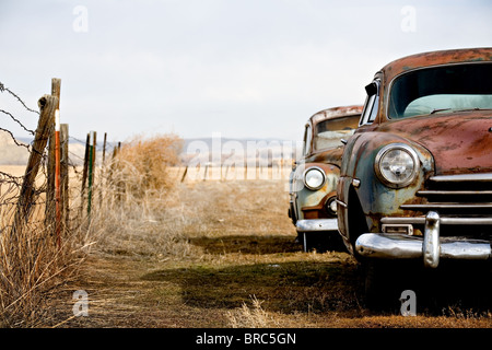 Vintage auto abbandonate e ruggine lontano nelle zone rurali del Wyoming Foto Stock