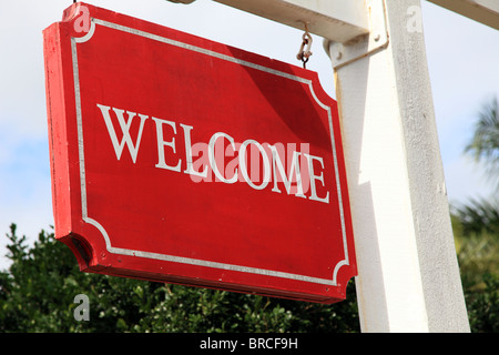 Rosso segno di benvenuto di un hotel o di un ristorante. Foto Stock