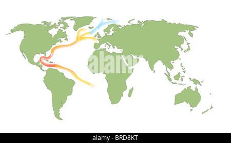 Una mappa del mondo che mostra la corrente del Golfo e le sue diverse zone di temperatura. Foto Stock