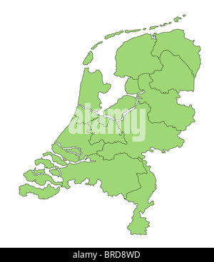 Una mappa stilizzata del Paesi Bassi in sfumature di colore verde che mostra le diverse province. Tutti gli isolati su sfondo bianco. Foto Stock