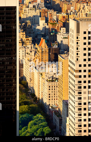 Il bordo a sud-est di Central Park e gli edifici lungo la Quinta Avenue a Manhattan, New York City USA Foto Stock