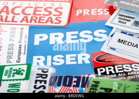 Una collezione di premere passa accesso a tutte le aree e l'accreditamento dei media per vari eventi Foto Stock