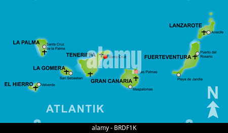 Mappa stilizzata delle isole Canarie. Didascalie in tedesco Foto Stock