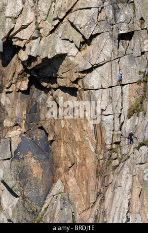 Gli alpinisti utilizzando corde Bosigran ascendente Cliff, Morvah, Cornwall Foto Stock