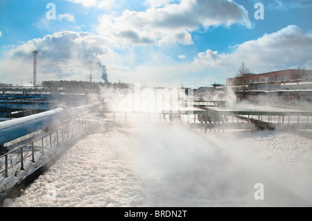 Gruppo dal grande sedimentazione drenaggi forma rotonda. La sedimentazione acqua, purificazione nel serbatoio da organismi biologici Foto Stock