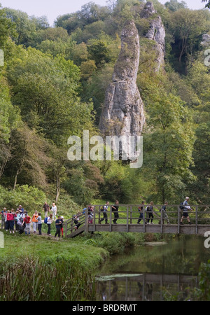 "Pickering Tor' una roccia calcarea la formazione e il fiume Colomba, Dovedale, Derbyshire, England, Regno Unito Foto Stock