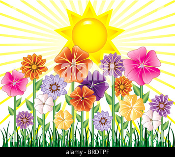Illustrazione vettoriale di una giornata di primavera con il sole e il giardino fiorito con erba. Foto Stock