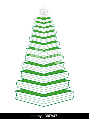 Dodici libri verde albero di Natale, un libro per ogni anno con una stella, illustrazione in prospettiva, sfondo bianco Foto Stock