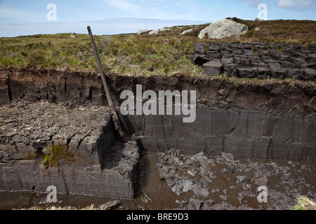 La torba taglio lungo la strada a Loch Skiport, Sud Uist, Scozia Foto Stock