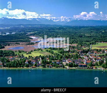 Fotografia aerea, Seeshaupt sul lago Starnberger, Osterseen laghi, panorama alpino, Pfaffenwinkel, Alta Baviera, Germania, Europa Foto Stock