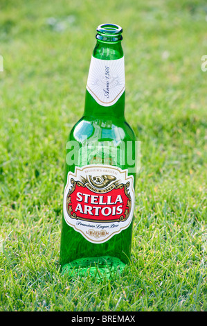 Vetro verde vuoto Stella Artois lager bottiglia di birra su un prato verde. Foto Stock