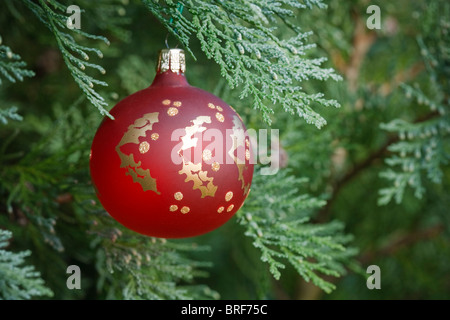 Primo piano di una decorazione di Natale appeso a un albero di Natale vero Foto Stock