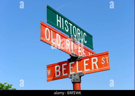 Segnaletica stradale lungo la Route 66 Litchfield Illinois Foto Stock