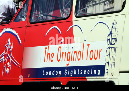 Giro Turistico di Londra, il Tour Original segno sul bus turistico, il turismo di Londra, Inghilterra Foto Stock