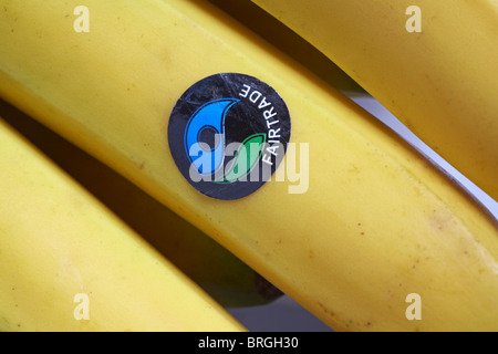 Fairtrade adesivo con Fairtrade logo su bloccato sul mazzetto di banane Fairtrade - simbolo del logo del commercio equo e solidale Foto Stock