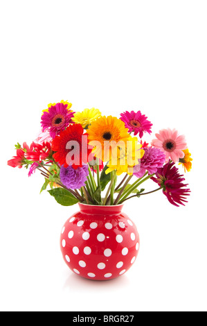 Bouquet di fiori Dahlia in rosso vaso punteggiata Foto Stock