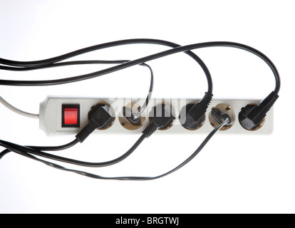 Home electrics, alimentazione, multi prese, cavi elettrici, candele. Foto Stock