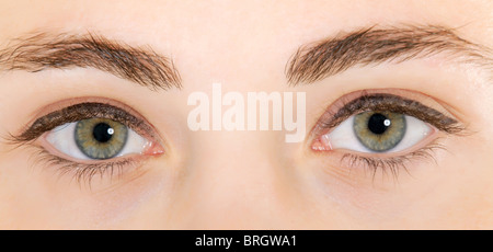 Chiudere fino alla pura giovane donna faccia con blu e gli occhi gialli Foto Stock