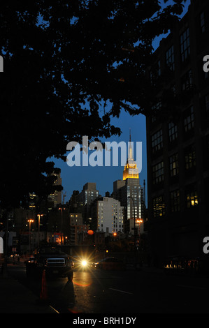 Punto di riferimento a New York l' Empire State Building luci gold top e la guglia illuminata di notte visto incorniciata dagli alberi di New York City. Foto Stock