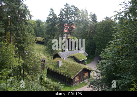Open Air Museum di Oslo, Bygdoy Folk Museum con le tradizionali case in legno Foto Stock
